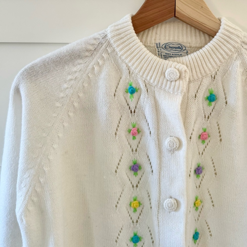 Vintage 1970s Embroidered Floral Knit Grannycore Cardigan Sweater, Button Front - Picture 6 of 17